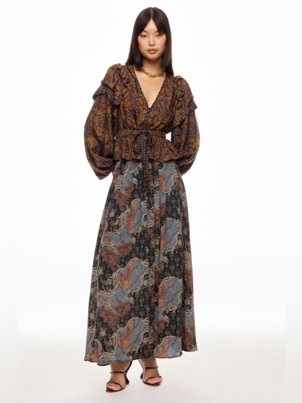 Ulla Johnson 100% Silk Paisley Skirt Brown Blue Size 2